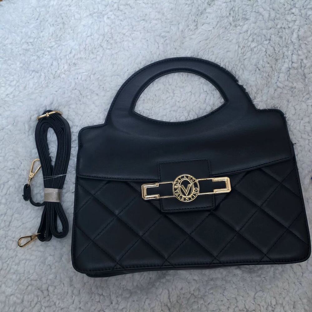 Valentino Orlandi Black Quilted Top Handle Bag Gold Hardware Accent Women